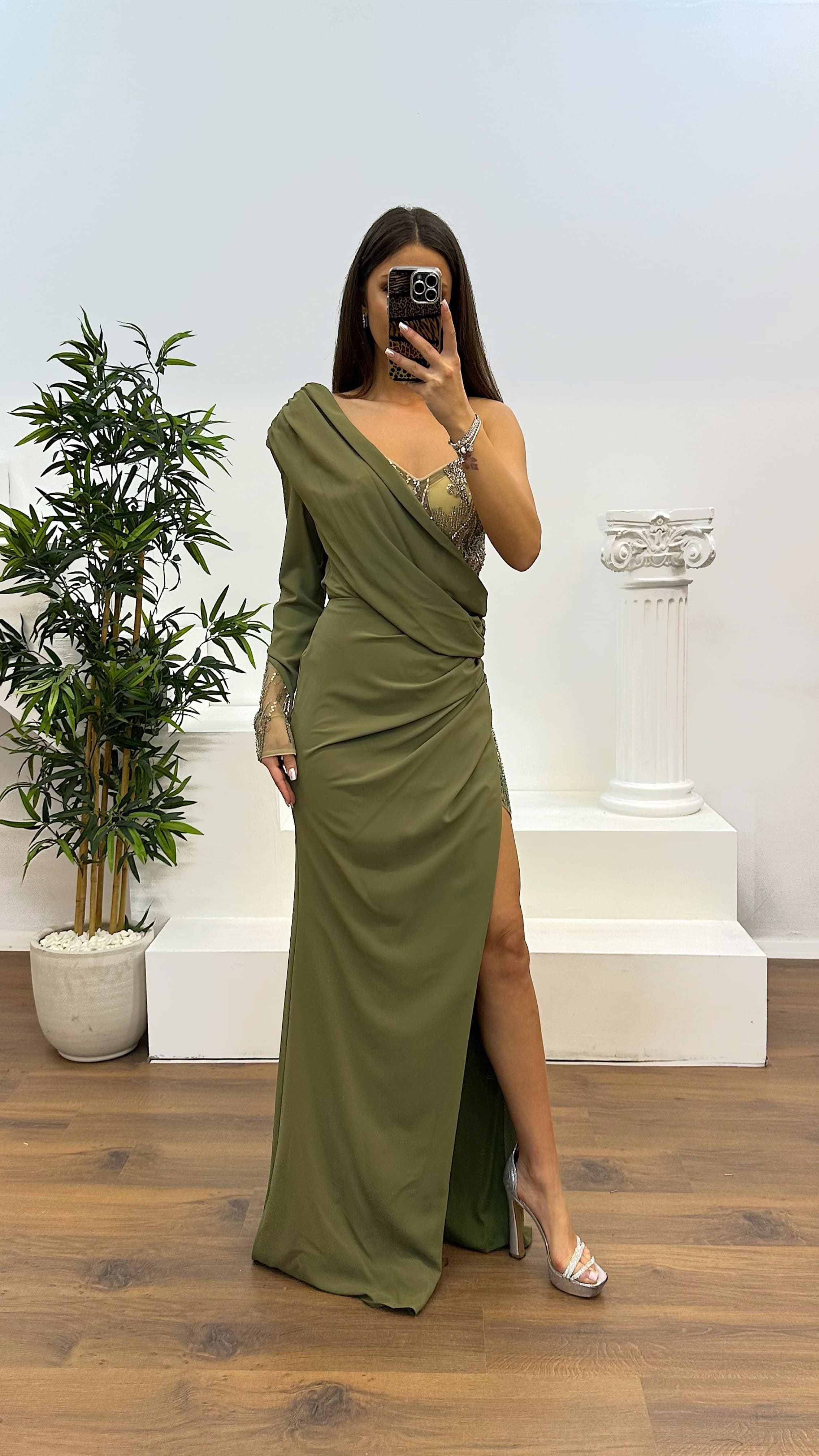 Single Sleeve Evening Dress with Embroidery Detail