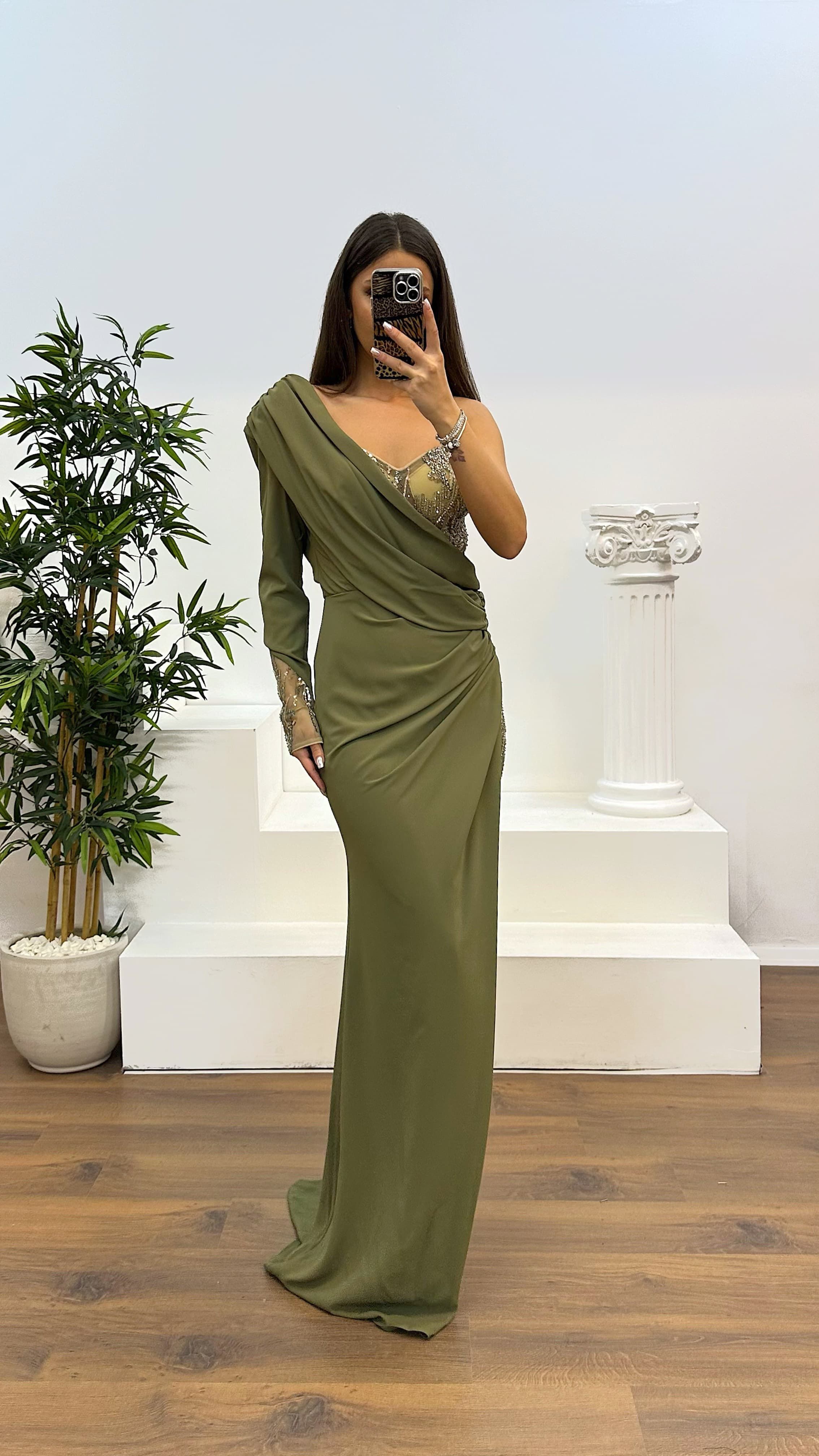 Single Sleeve Evening Dress with Embroidery Detail