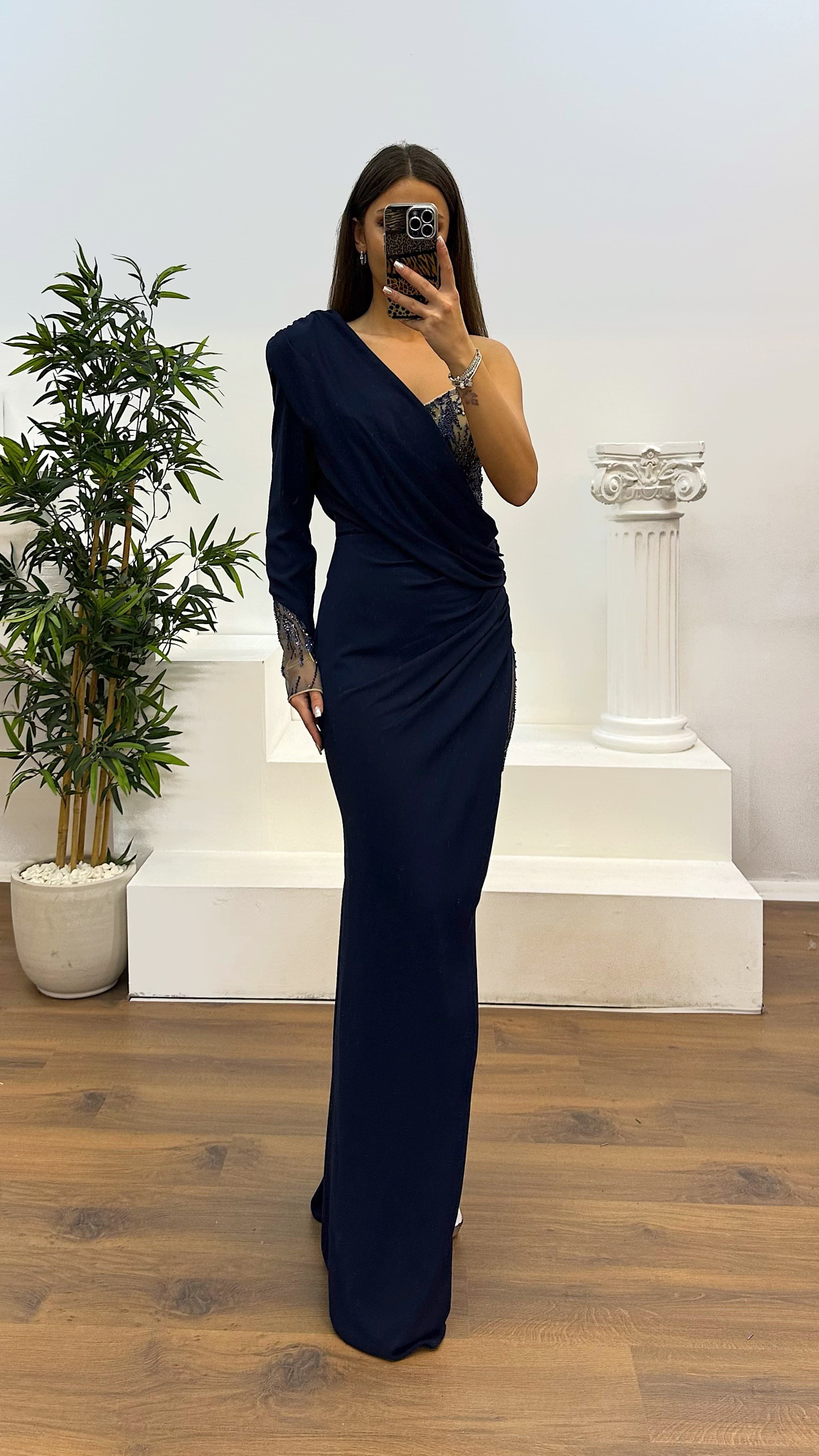 Single Sleeve Evening Dress with Embroidery Detail
