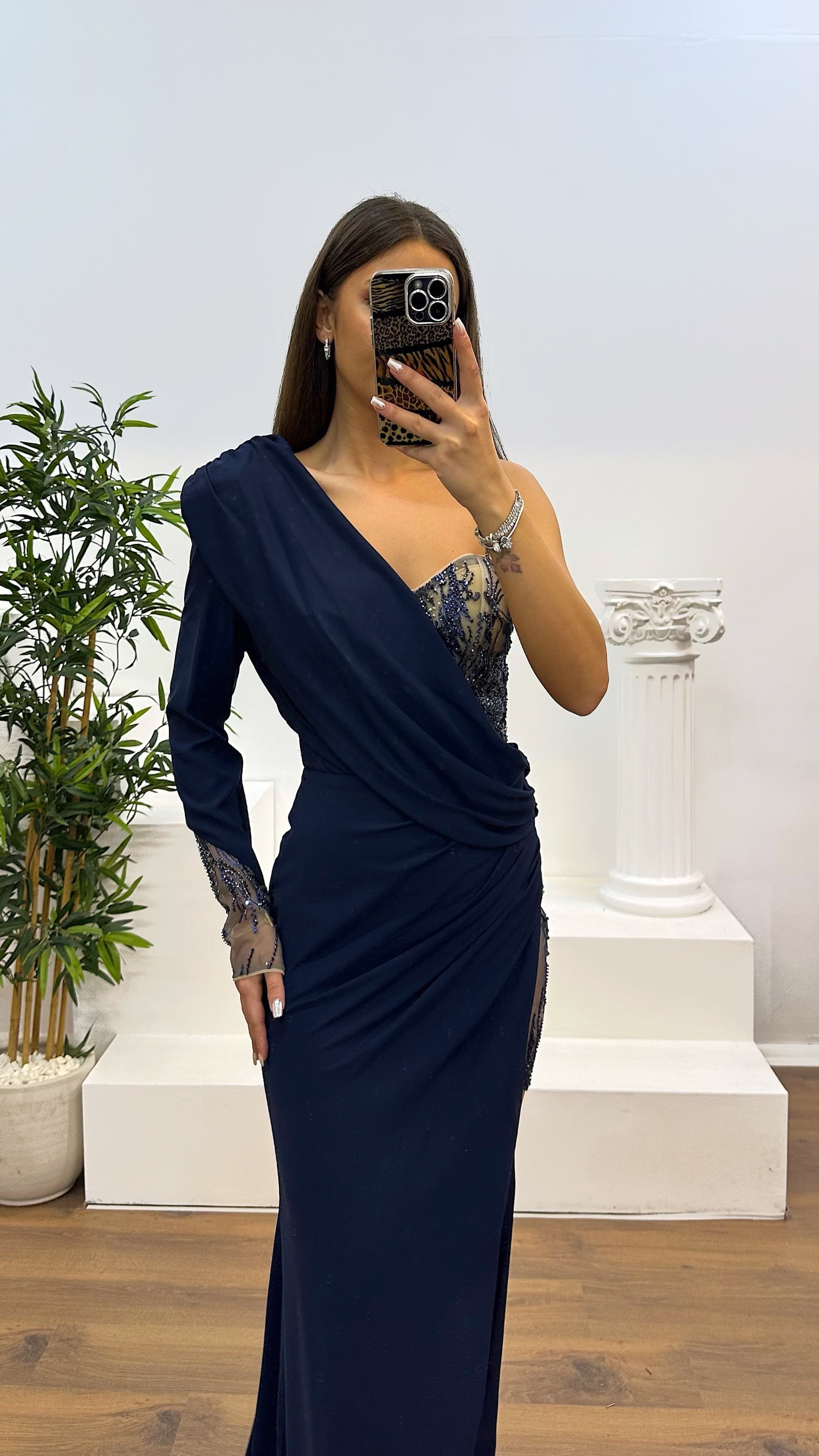 Single Sleeve Evening Dress with Embroidery Detail