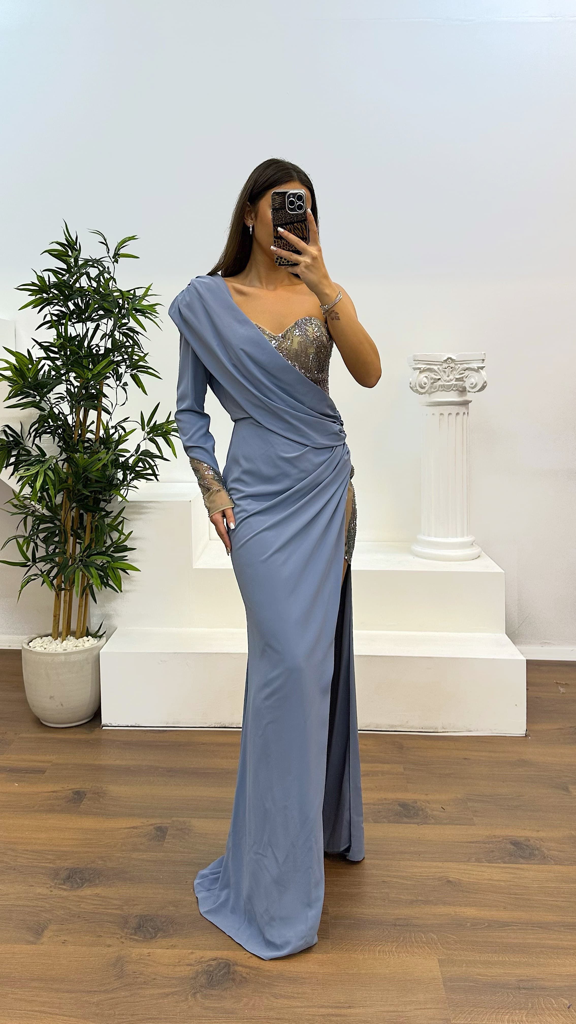 Single Sleeve Evening Dress with Embroidery Detail