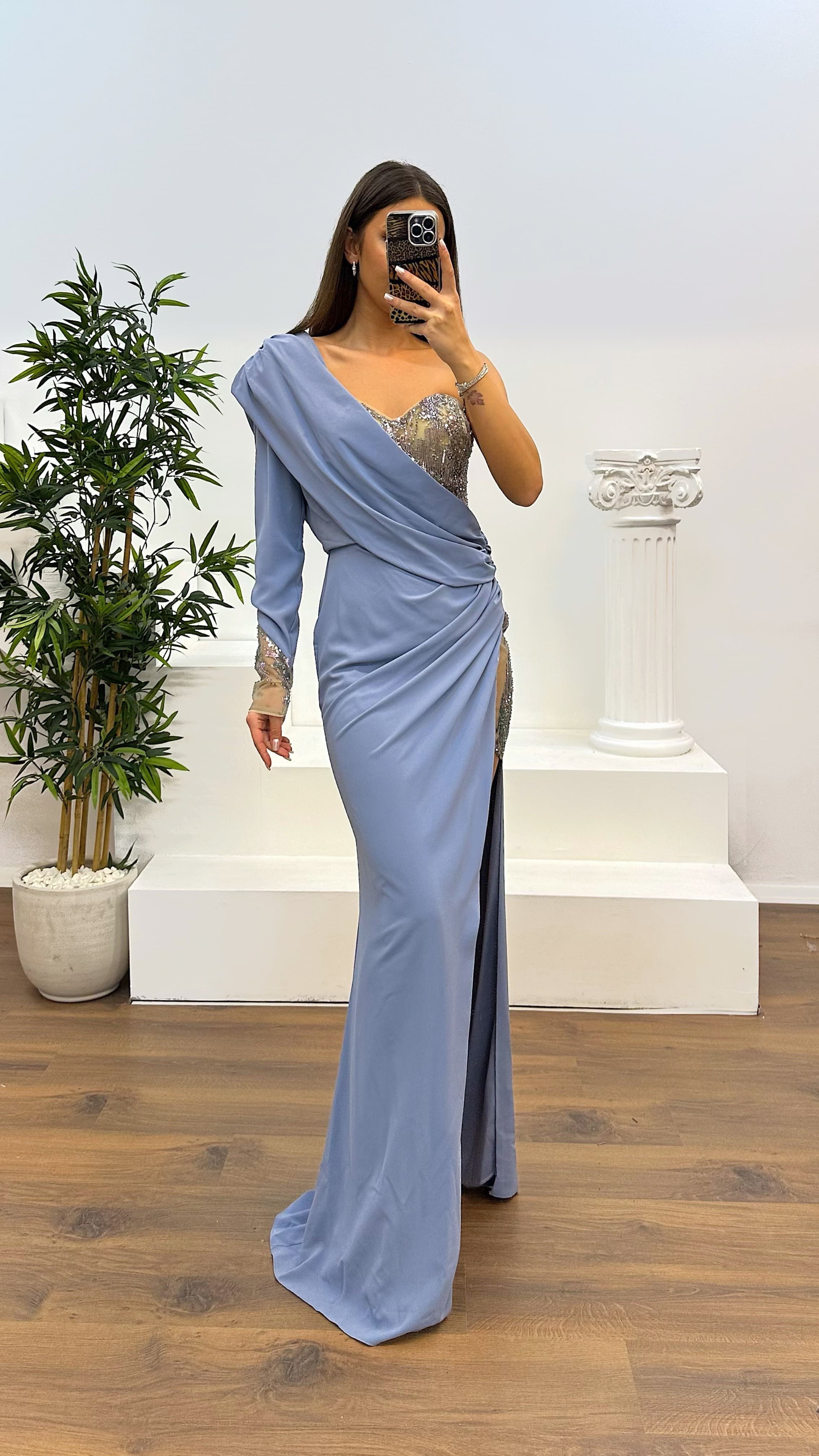 Single Sleeve Evening Dress with Embroidery Detail