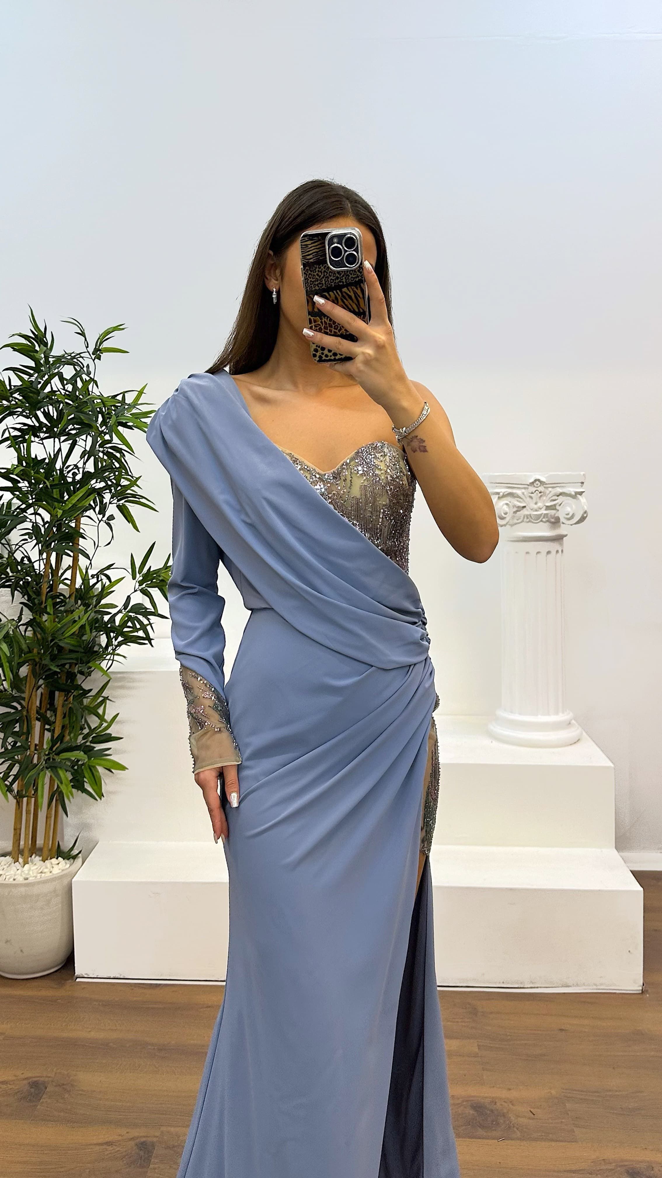 Single Sleeve Evening Dress with Embroidery Detail