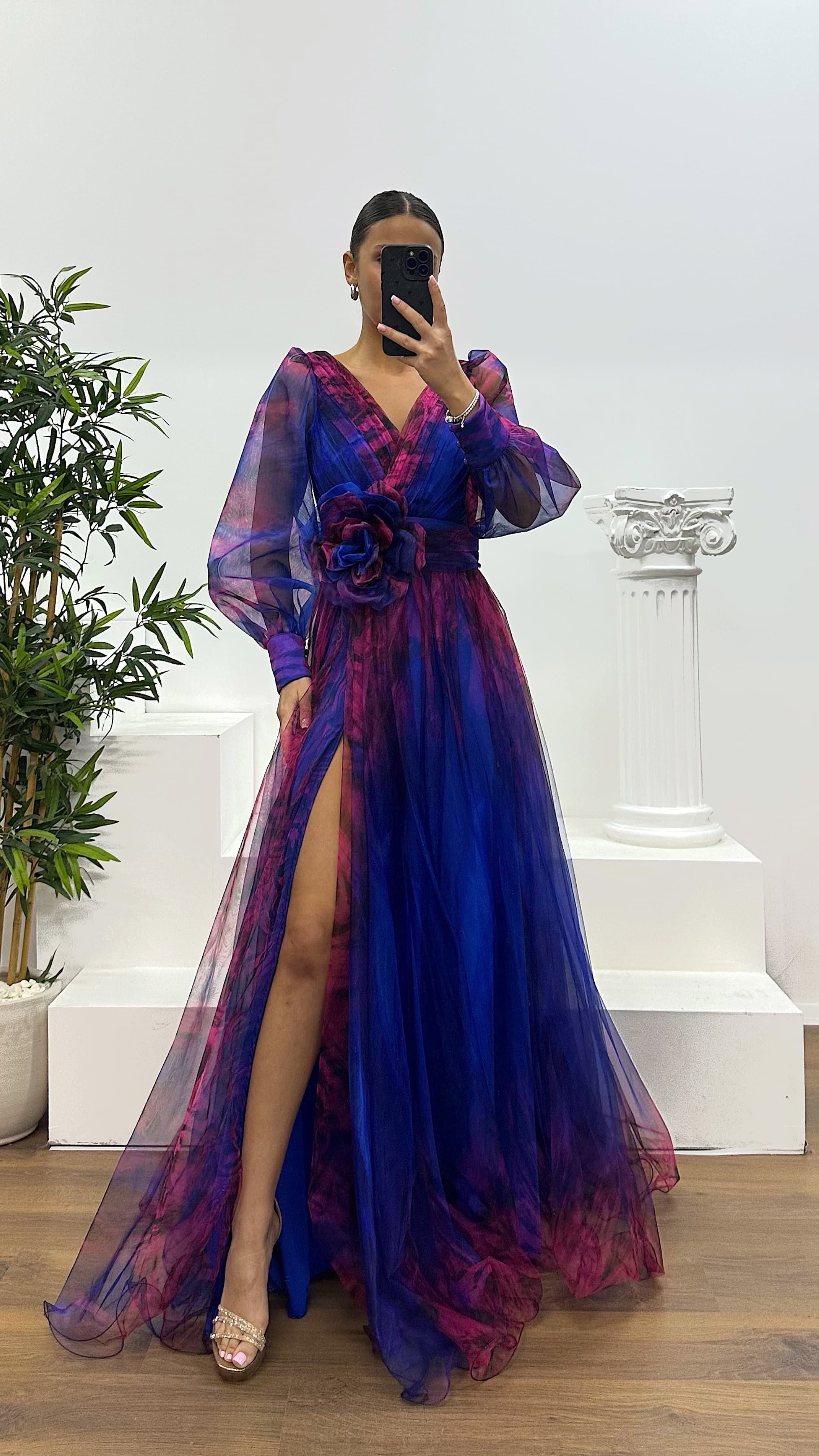 V Neck Tulle Evening Dress