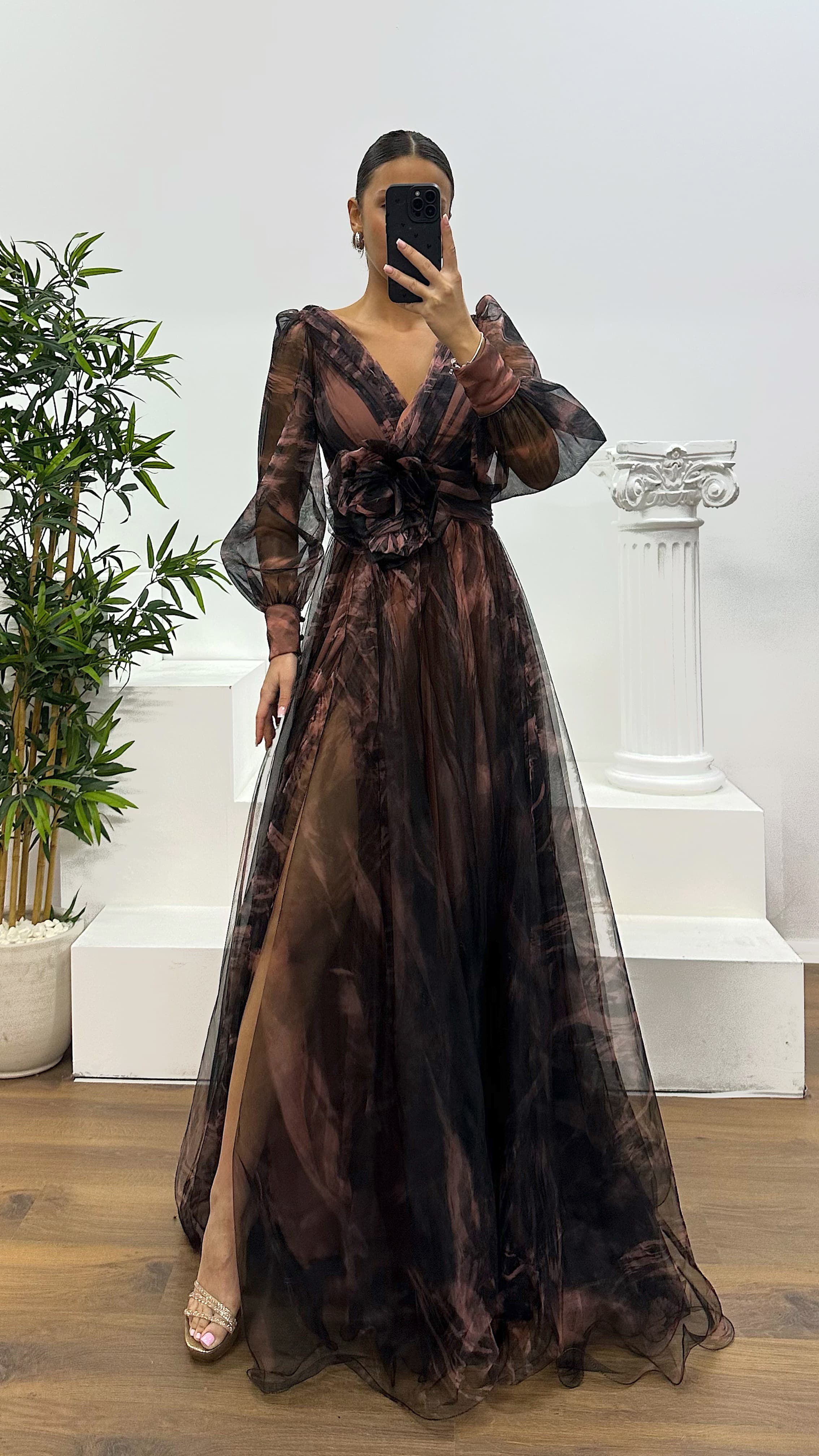 V Neck Tulle Evening Dress