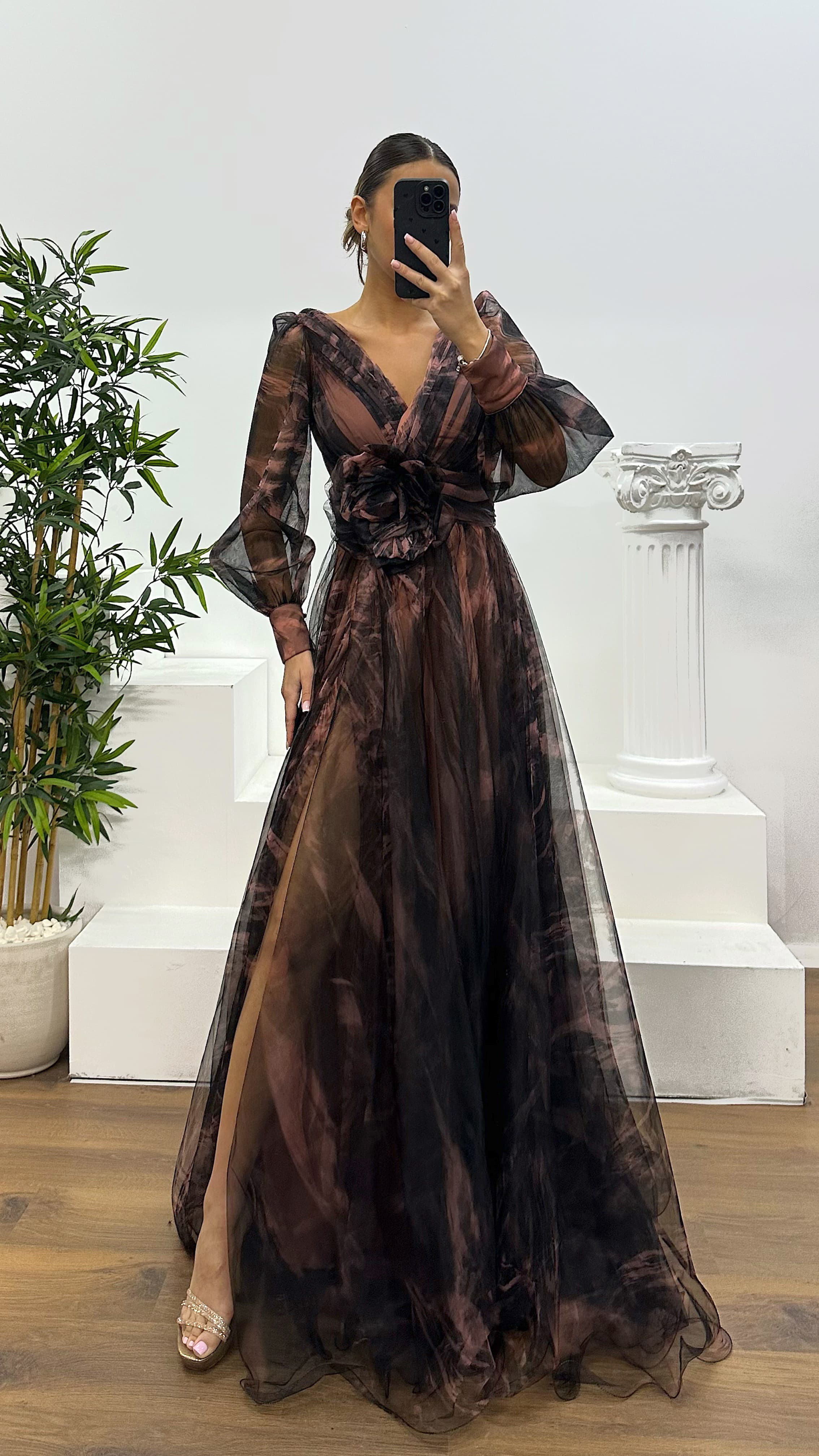 V Neck Tulle Evening Dress