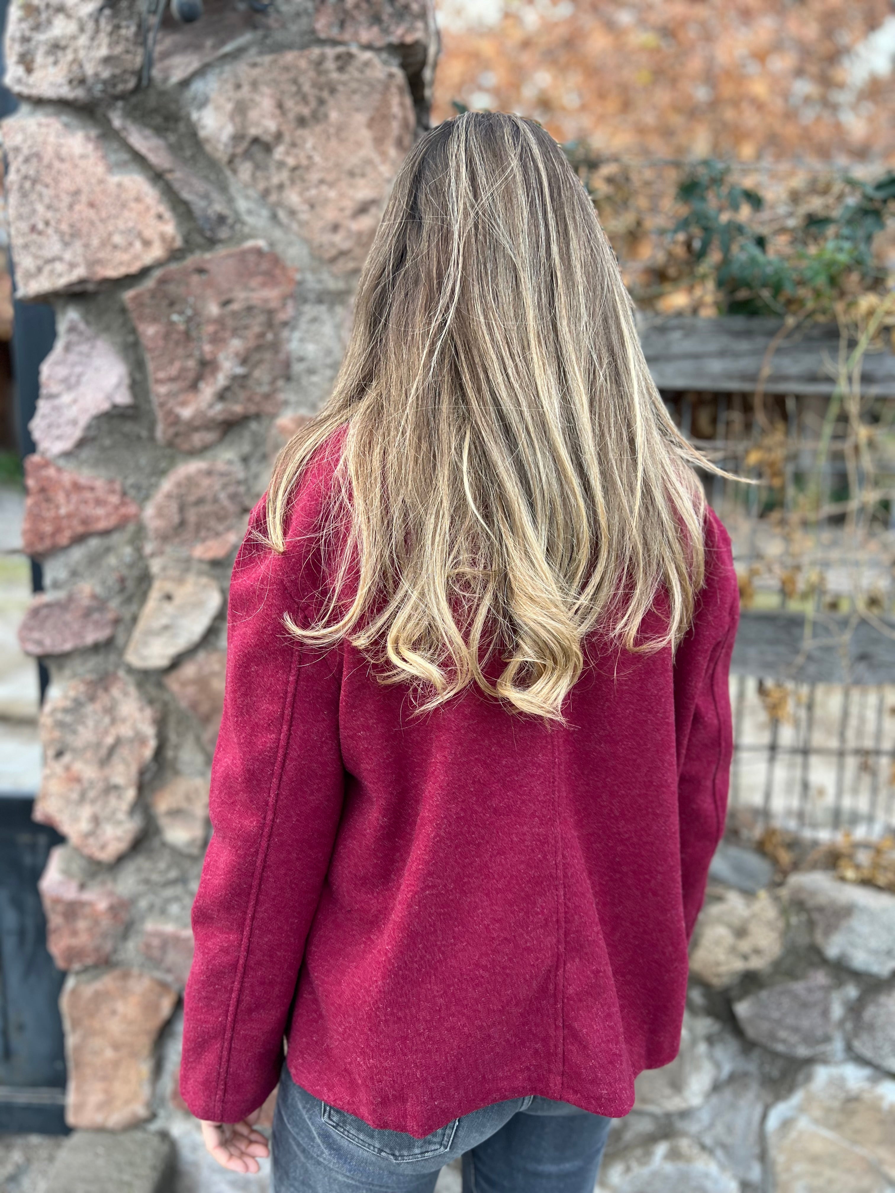 Albanian burgundy trench coat