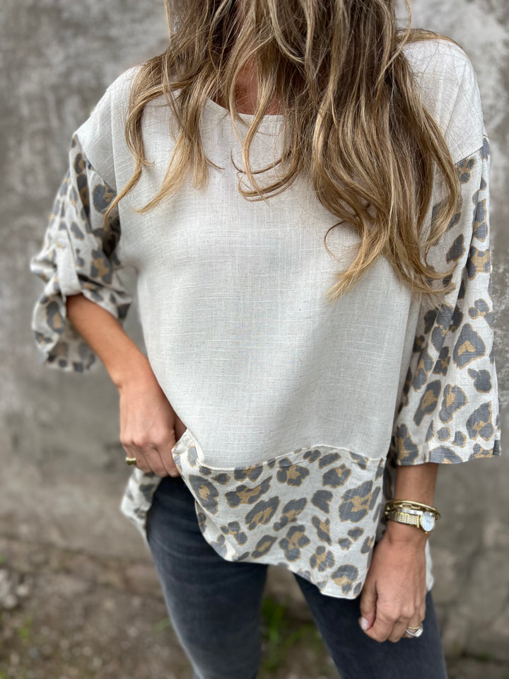 Ecru stripe print linen blouse