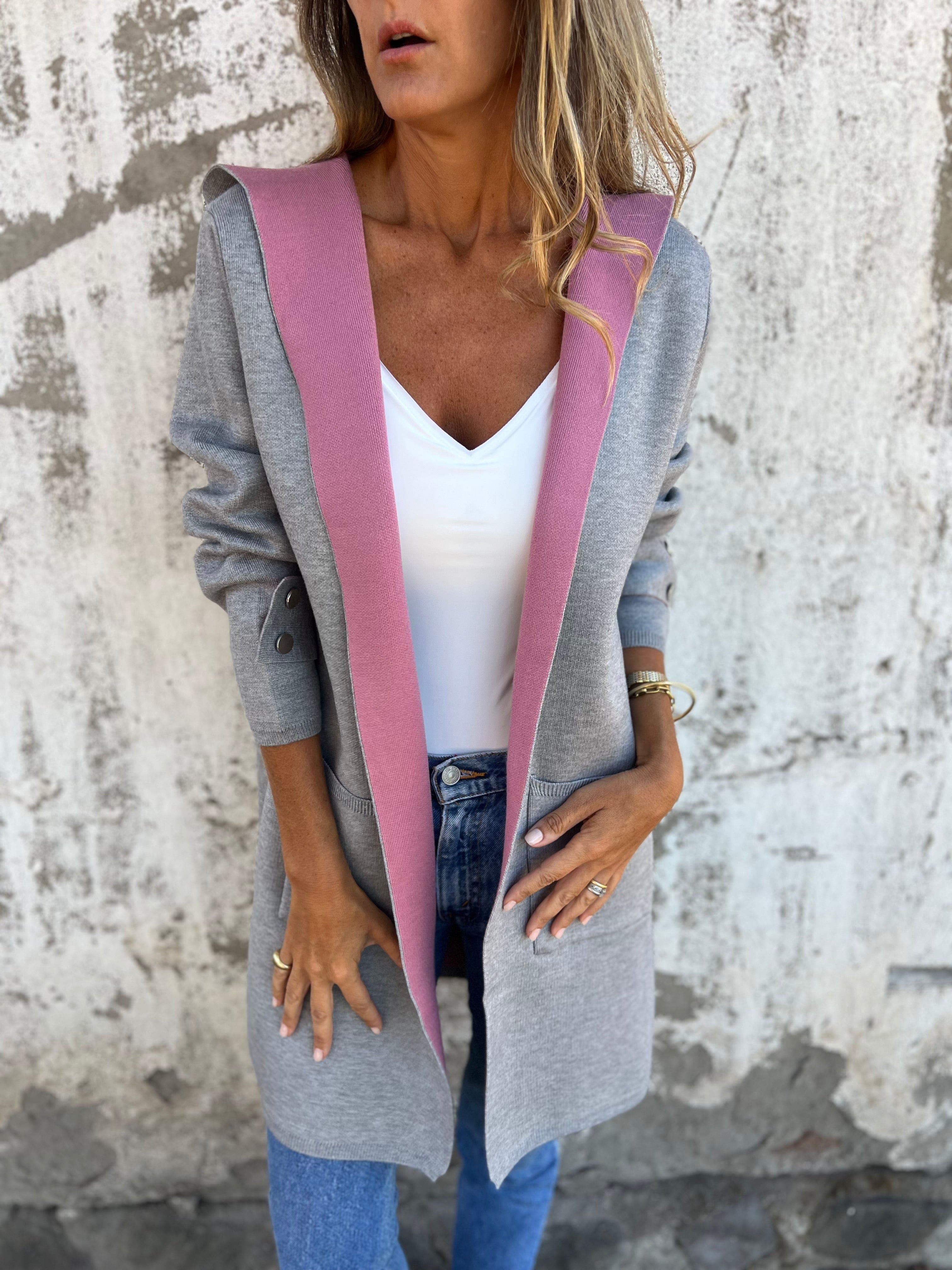 Two-tone gray and pink button coat
