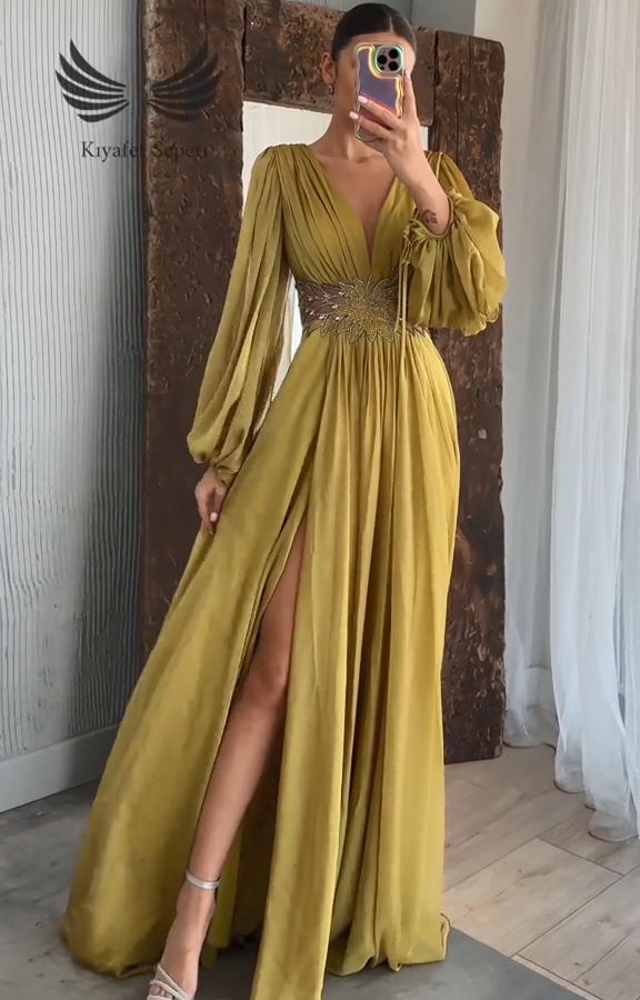 Long Sleeve Pleated Waist Gown