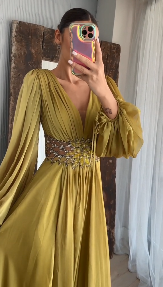 Long Sleeve Pleated Waist Gown