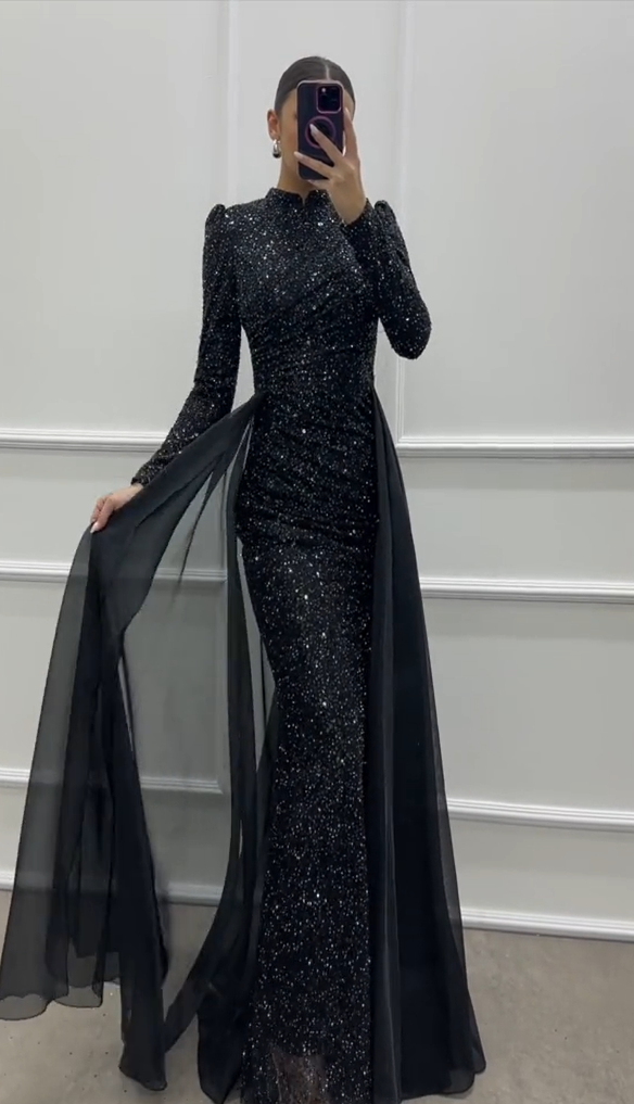 BLACK GALAXY GLITTER GOWN WITH ELEGANT TRAIN DETAIL