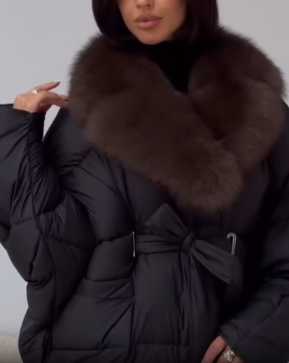Fur collar belted down jacket