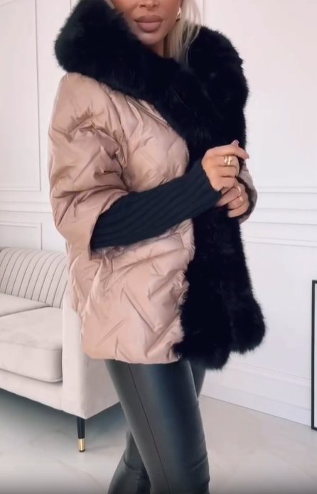 Quilted Down Jacket with Faux Fur Trim