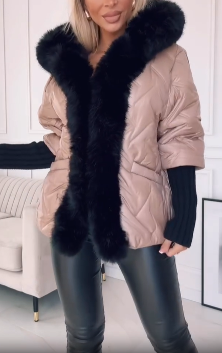 Quilted Down Jacket with Faux Fur Trim