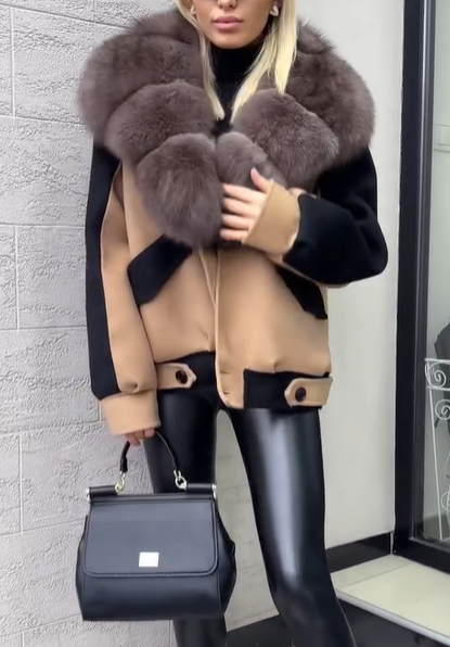 Wool - Blend Jacket with Faux Fur Collar