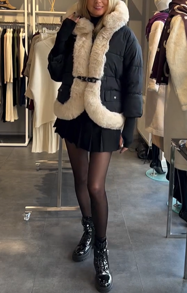 Short-length fur-trimmed button-down coat