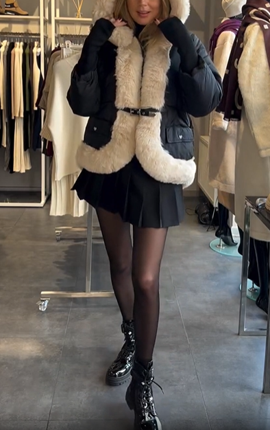 Short-length fur-trimmed button-down coat