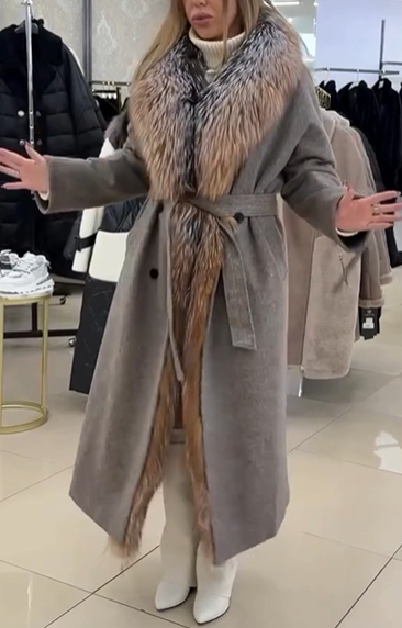 Wool - Blend Coat with Faux Fur Trim and Belt
