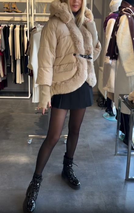 Short-length fur-trimmed button-down coat