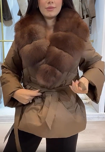 Faux Fur - Trimmed Down Jacket with Belt