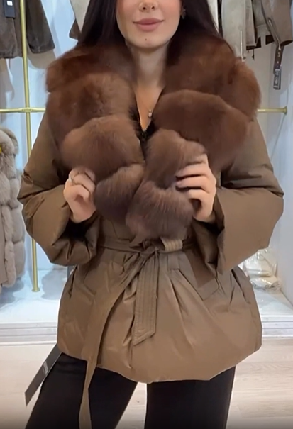 Faux Fur - Trimmed Down Jacket with Belt