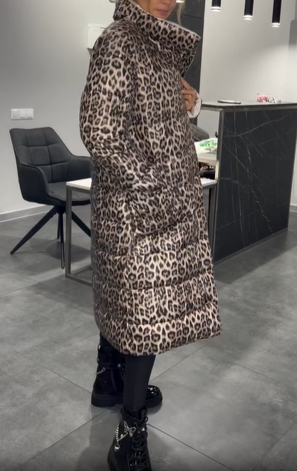 Reversible Down Coat with Leopard Print Detail