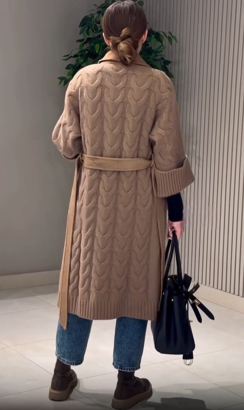 Spliced Wool - Blend and Cable - Knit Coat