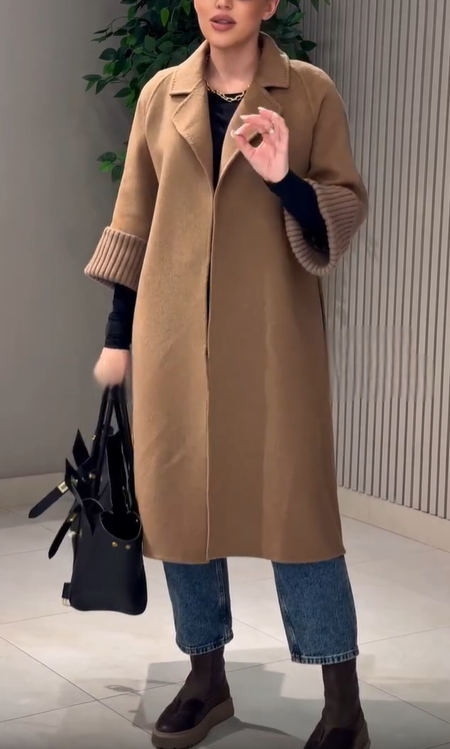 Spliced Wool - Blend and Cable - Knit Coat