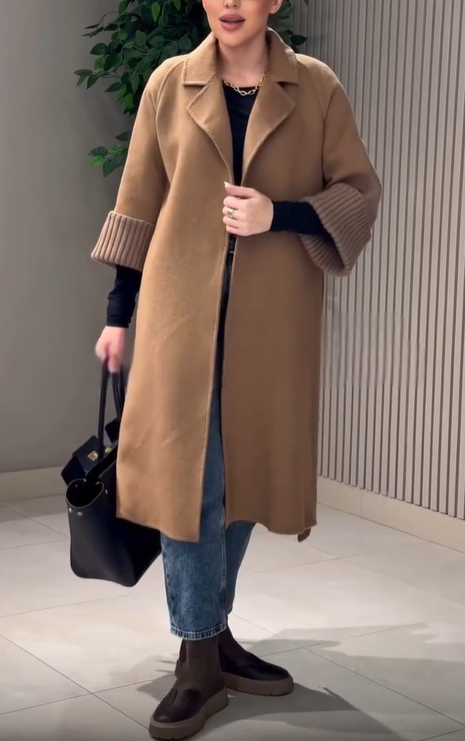 Spliced Wool - Blend and Cable - Knit Coat