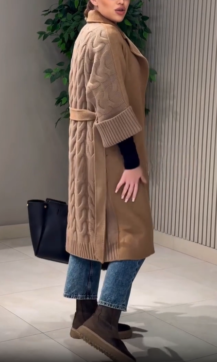 Spliced Wool - Blend and Cable - Knit Coat