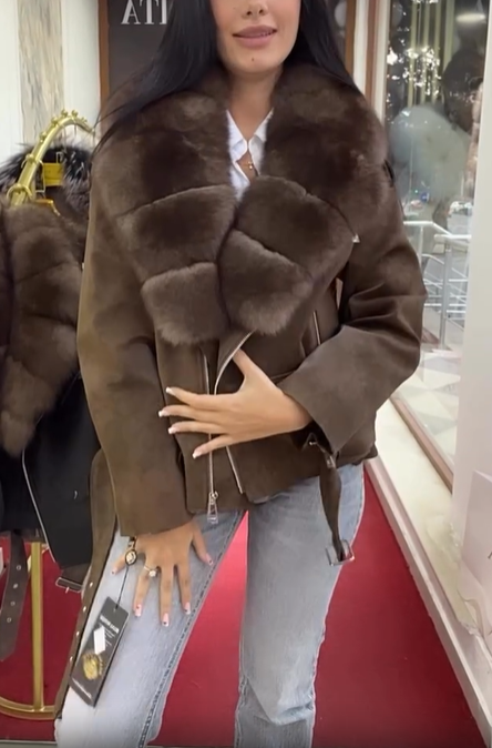 Suede Jacket with Faux Fur Collar