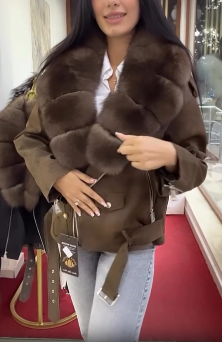 Suede Jacket with Faux Fur Collar