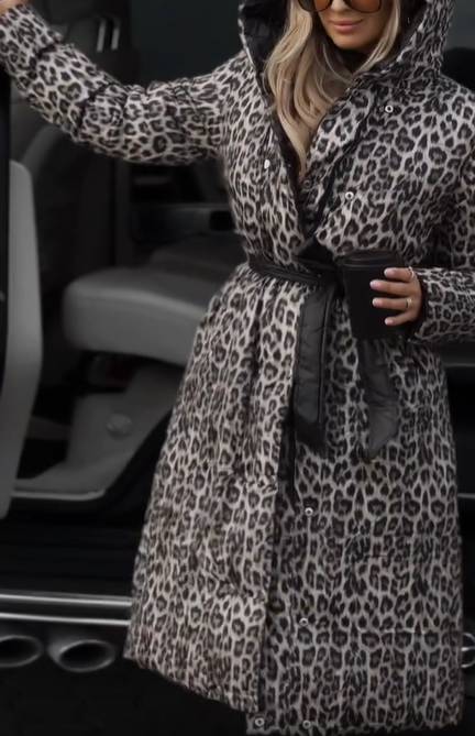 Reversible Down Coat with Leopard Print and Solid Design