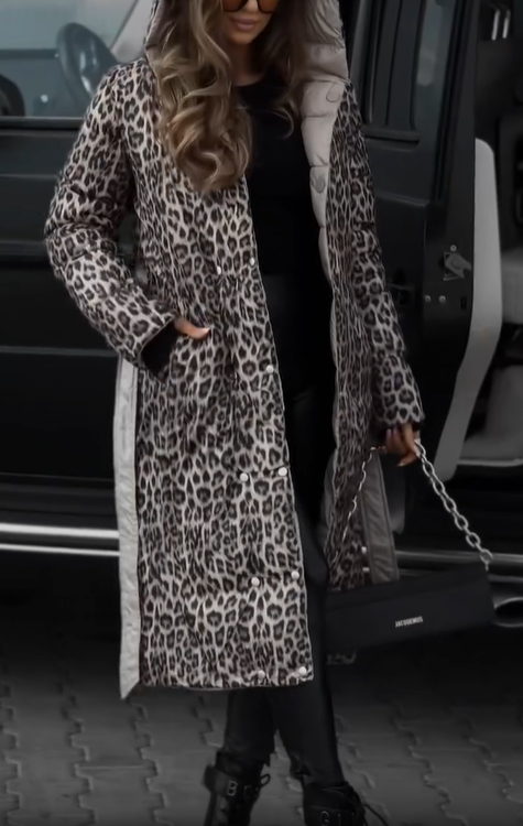 Reversible Down Coat with Leopard Print and Solid Design