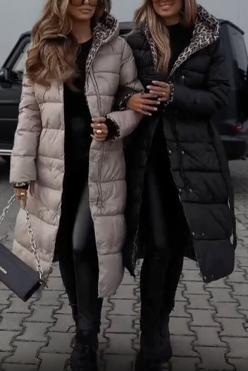 Reversible Down Coat with Leopard Print and Solid Design