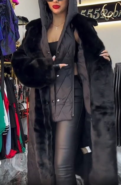 Long faux fur and down jacket combo coat