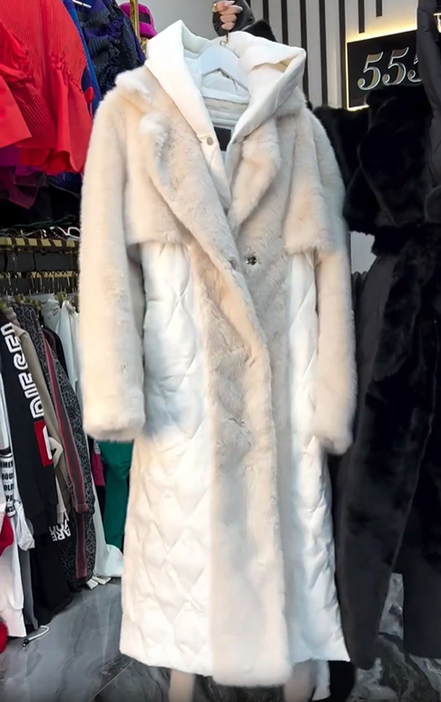 Long faux fur and down jacket combo coat