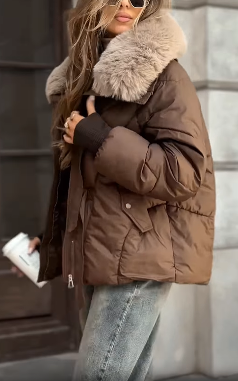 Faux Fur-Collar Puffer Coat with Metal Buckle Details