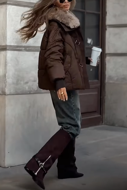 Faux Fur-Collar Puffer Coat with Metal Buckle Details