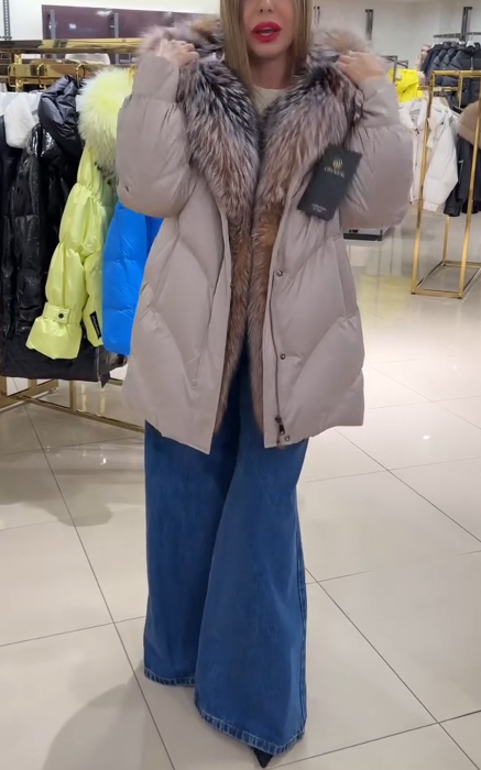 Hooded Puffer Coat with Multi-Tone Faux Fur Trim & Self-Tie Belt