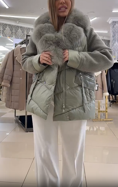 Knit-Sleeve & Puffer Hybrid Jacket with Faux Fur Collar