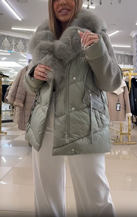 Knit-Sleeve & Puffer Hybrid Jacket with Faux Fur Collar