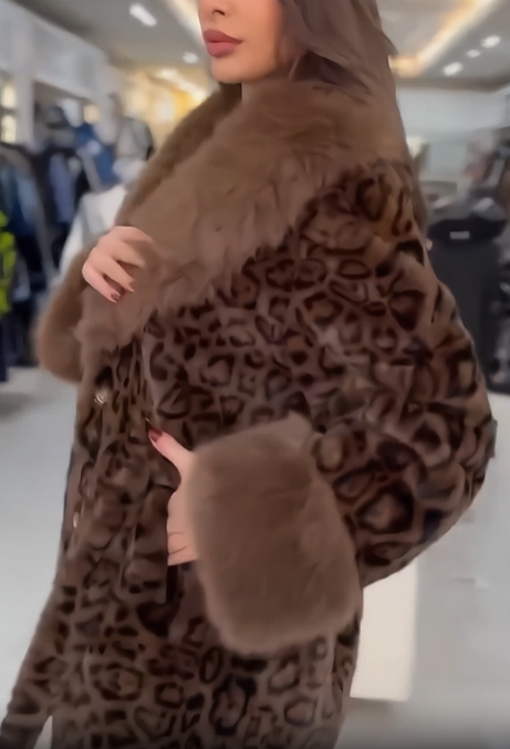 Faux fur leopard print coat with self-tie belt
