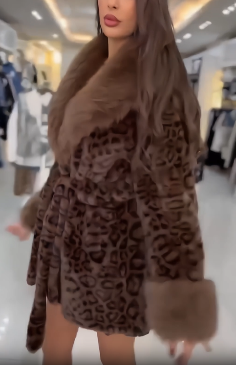 Faux fur leopard print coat with self-tie belt