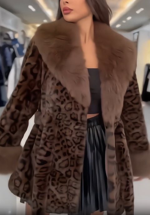 Faux fur leopard print coat with self-tie belt