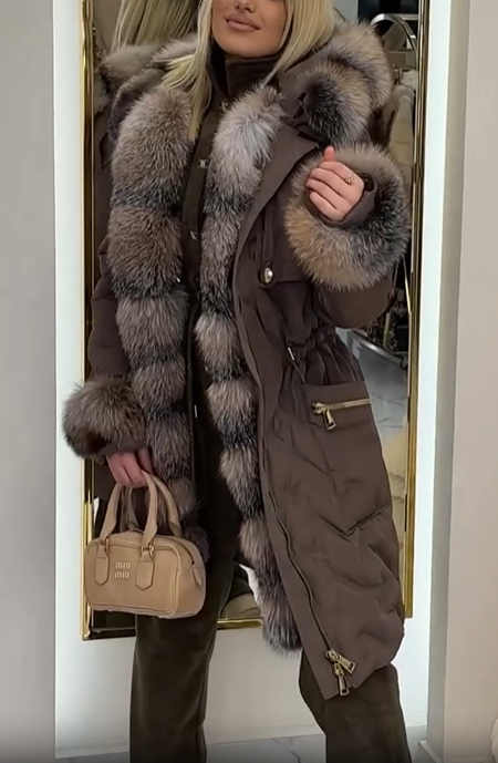 Mid-length hooded jacket with faux fur trim