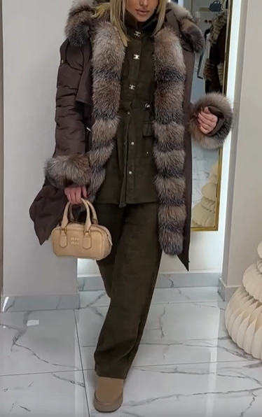 Mid-length hooded jacket with faux fur trim