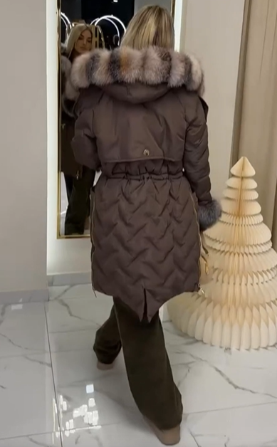 Mid-length hooded jacket with faux fur trim