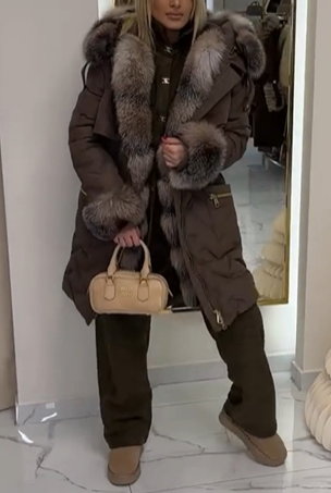 Mid-length hooded jacket with faux fur trim